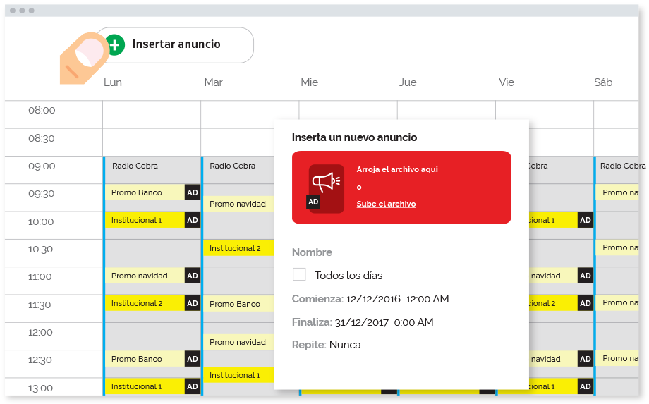 Los anuncios se intercalan entre la programación de música funcional, segun las necesidades de pauta de cada cliente